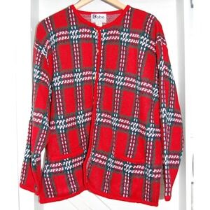 Vintage‎ Cardigan Womens 1XL Red plaid Gold button Sweater Kobe